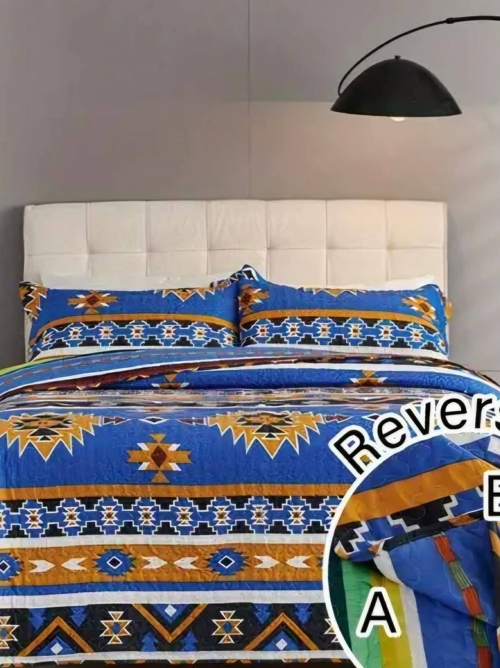 3pc Southwestern Pattern Reversible Blue and Gold Quilt Set